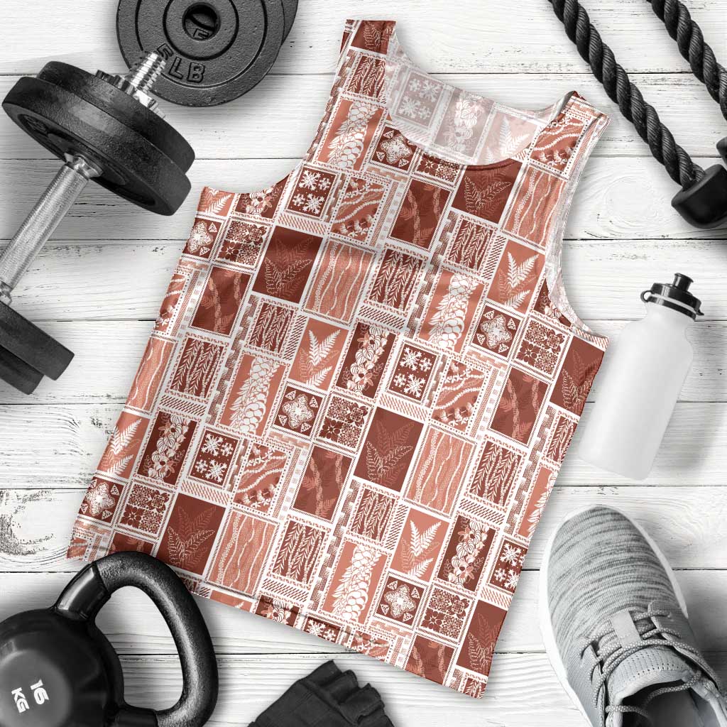 Vintage Aloha Block Quilt Men Tank Top Red Inspired Lei Motifs - Polynesian Pride