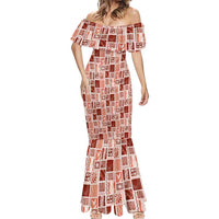 Vintage Aloha Block Quilt Mermaid Dress Red Inspired Lei Motifs - Polynesian Pride