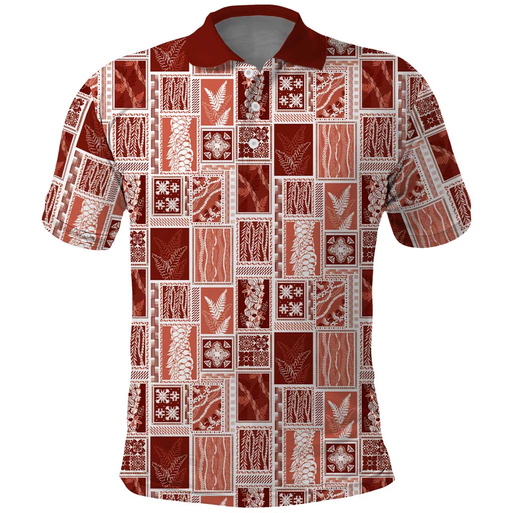 Vintage Aloha Block Quilt Polo Shirt Red Inspired Lei Motifs - Polynesian Pride