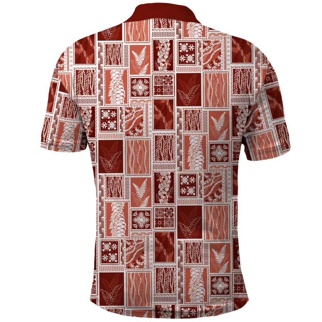 Vintage Aloha Block Quilt Polo Shirt Red Inspired Lei Motifs - Polynesian Pride