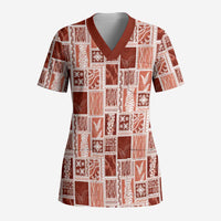 Vintage Aloha Block Quilt Scrub Top Red Inspired Lei Motifs - Polynesian Pride