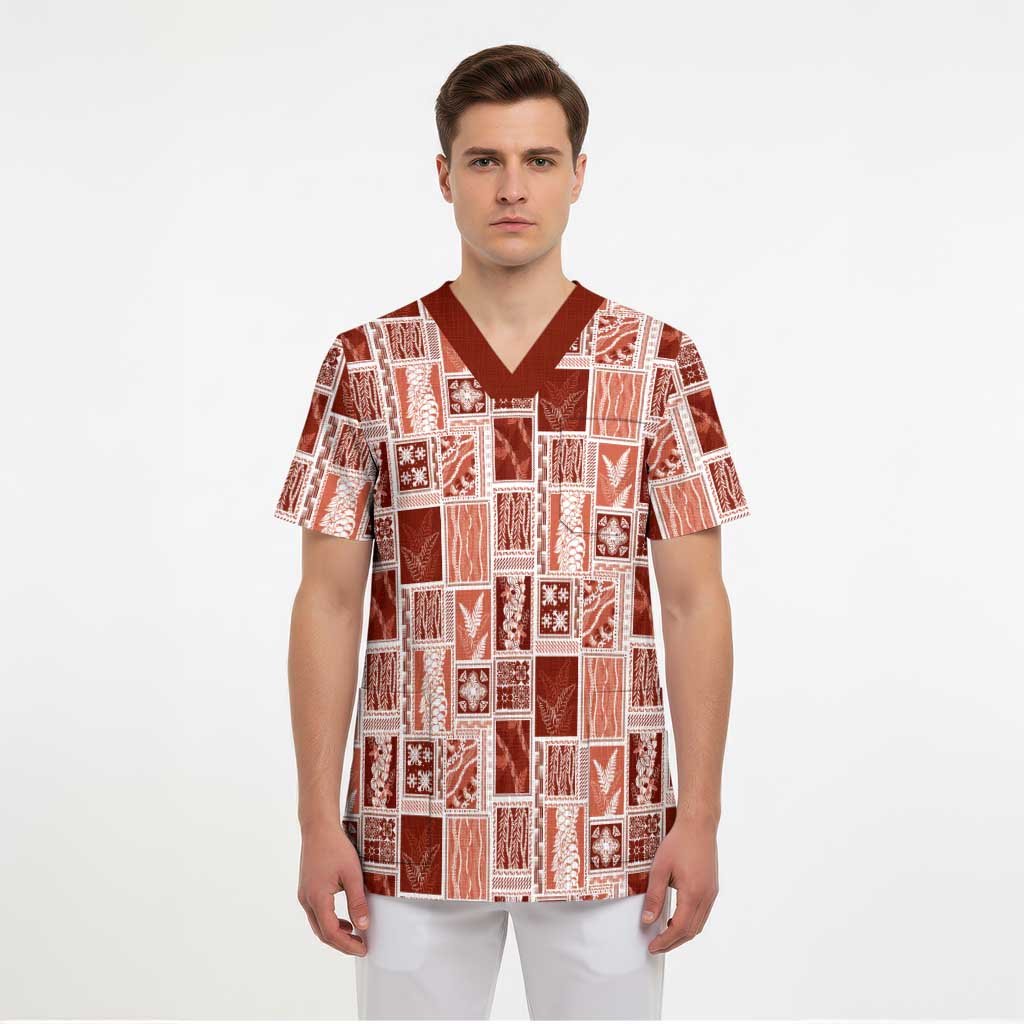 Vintage Aloha Block Quilt Scrub Top Red Inspired Lei Motifs - Polynesian Pride