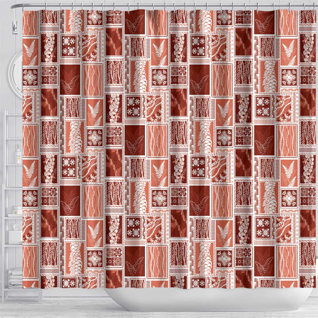 Vintage Aloha Block Quilt Shower Curtain Red Inspired Lei Motifs - Polynesian Pride