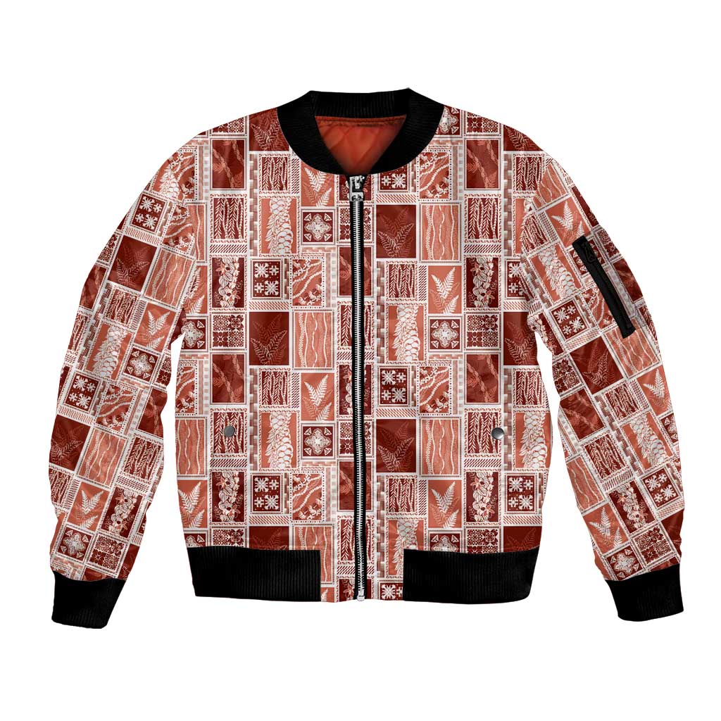 Vintage Aloha Block Quilt Sleeve Zip Bomber Jacket Red Inspired Lei Motifs - Polynesian Pride