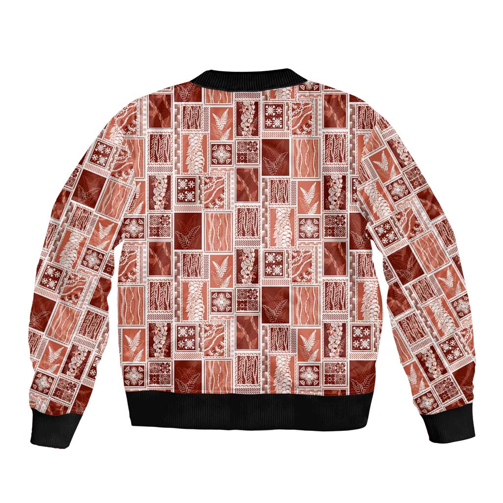 Vintage Aloha Block Quilt Sleeve Zip Bomber Jacket Red Inspired Lei Motifs - Polynesian Pride