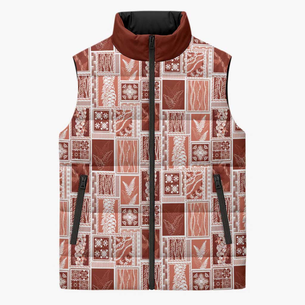 Vintage Aloha Block Quilt Sleeveless Puffer Jacket Red Inspired Lei Motifs - Polynesian Pride