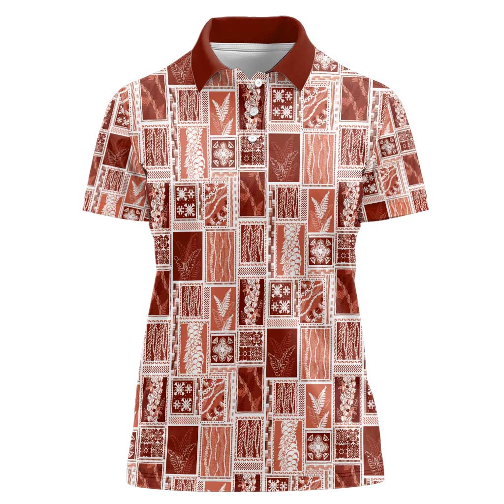 Vintage Aloha Block Quilt Women Polo Shirt Red Inspired Lei Motifs - Polynesian Pride