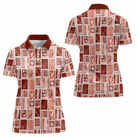 Vintage Aloha Block Quilt Women Polo Shirt Red Inspired Lei Motifs - Polynesian Pride