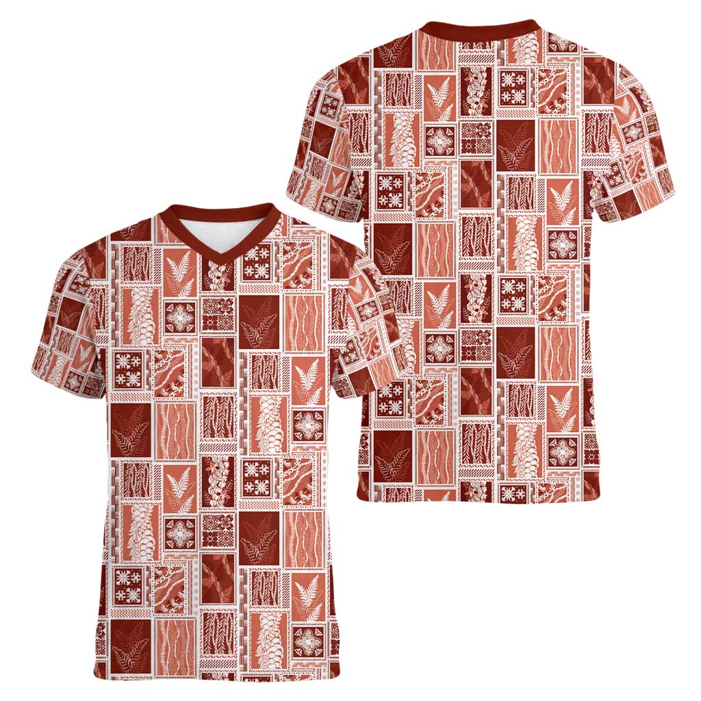 Vintage Aloha Block Quilt Women V-Neck T-Shirt Red Inspired Lei Motifs - Polynesian Pride
