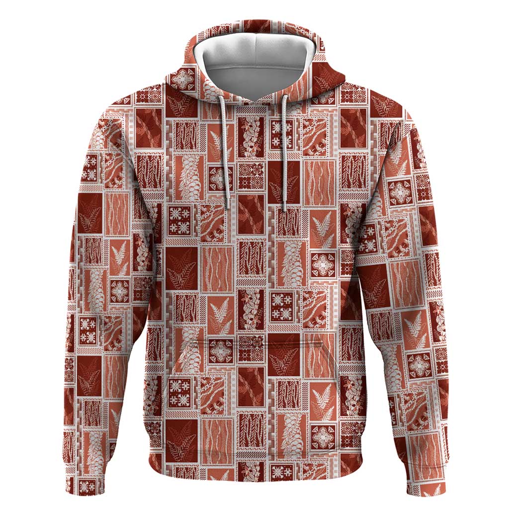 Vintage Aloha Block Quilt Zip Hoodie Red Inspired Lei Motifs - Polynesian Pride