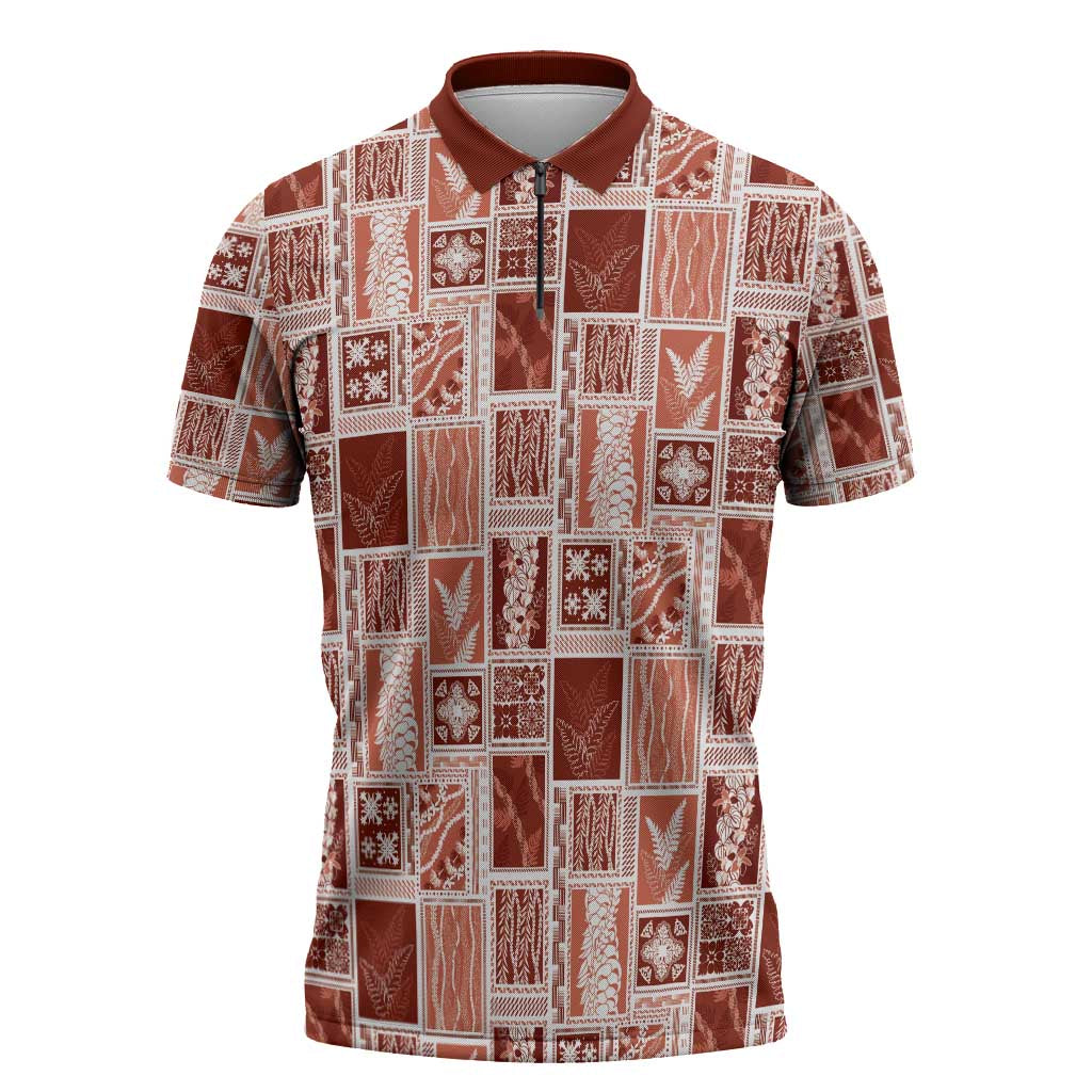 Vintage Aloha Block Quilt Zipper Polo Shirt Red Inspired Lei Motifs - Polynesian Pride