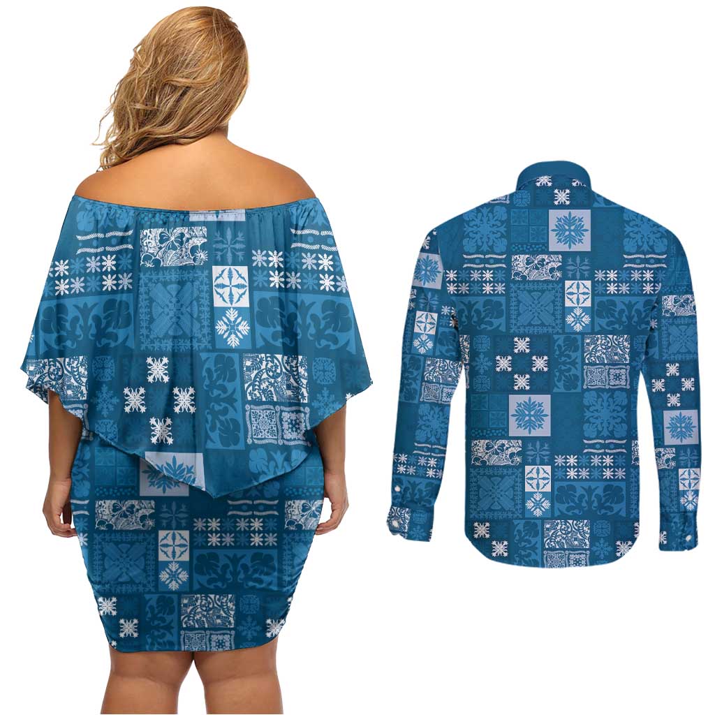 Vintage Hawaiian Quilting Patterns Couples Matching Off Shoulder Short Dress and Long Sleeve Button Shirt Blue Style Tribal Fabric Patchwork - Polynesian Pride