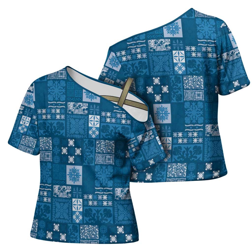 Vintage Hawaiian Quilting Patterns Cross Shoulder Shirt Blue Style Tribal Fabric Patchwork - Polynesian Pride
