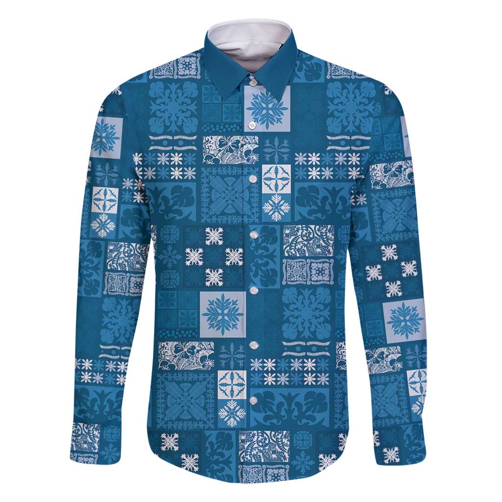 Vintage Hawaiian Quilting Patterns Family Matching Long Sleeve Bodycon Dress and Hawaiian Shirt Blue Style Tribal Fabric Patchwork - Polynesian Pride