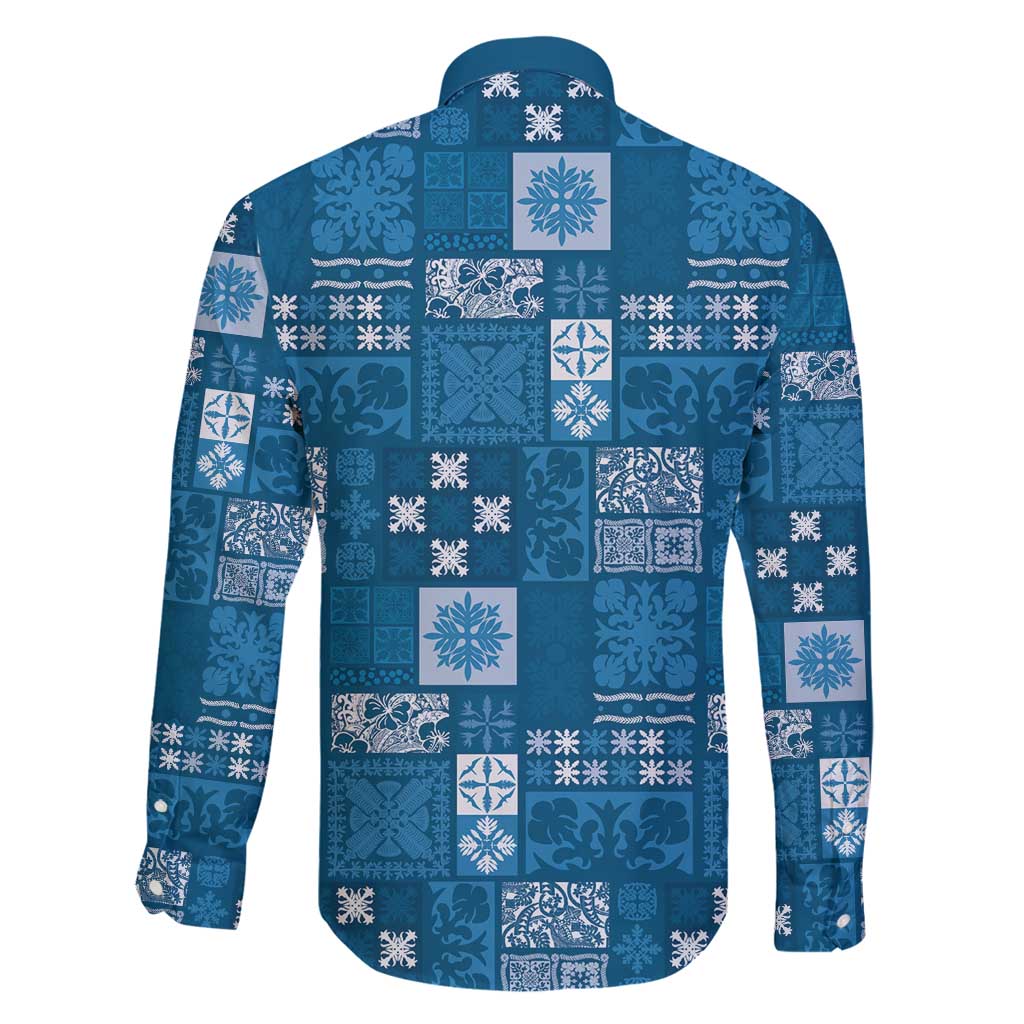 Vintage Hawaiian Quilting Patterns Family Matching Long Sleeve Bodycon Dress and Hawaiian Shirt Blue Style Tribal Fabric Patchwork - Polynesian Pride