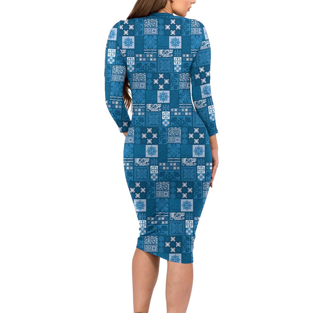 Vintage Hawaiian Quilting Patterns Family Matching Long Sleeve Bodycon Dress and Hawaiian Shirt Blue Style Tribal Fabric Patchwork - Polynesian Pride