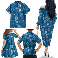 Vintage Hawaiian Quilting Patterns Family Matching Off The Shoulder Long Sleeve Dress and Hawaiian Shirt Blue Style Tribal Fabric Patchwork - Polynesian Pride
