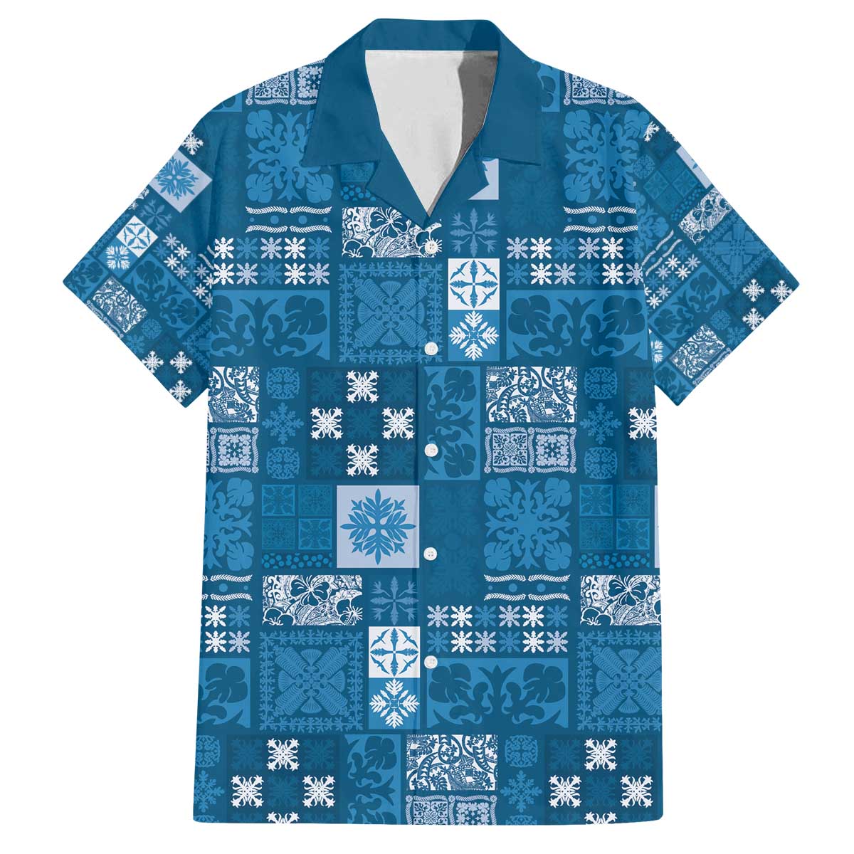 Vintage Hawaiian Quilting Patterns Family Matching Off The Shoulder Long Sleeve Dress and Hawaiian Shirt Blue Style Tribal Fabric Patchwork - Polynesian Pride