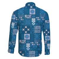 Vintage Hawaiian Quilting Patterns Family Matching Off The Shoulder Long Sleeve Dress and Hawaiian Shirt Blue Style Tribal Fabric Patchwork - Polynesian Pride