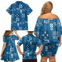 Vintage Hawaiian Quilting Patterns Family Matching Off Shoulder Short Dress and Hawaiian Shirt Blue Style Tribal Fabric Patchwork - Polynesian Pride