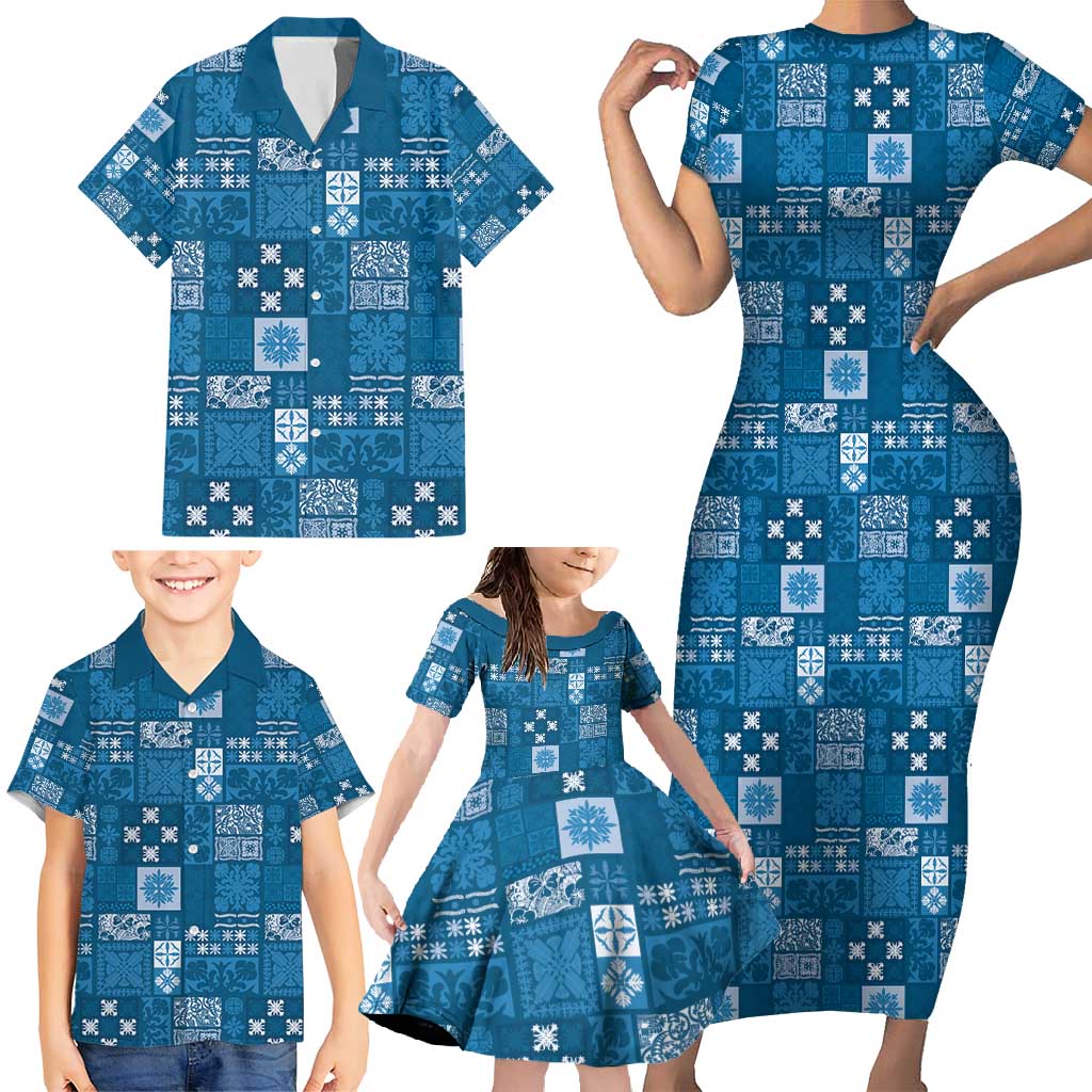 Vintage Hawaiian Quilting Patterns Family Matching Short Sleeve Bodycon Dress and Hawaiian Shirt Blue Style Tribal Fabric Patchwork - Polynesian Pride