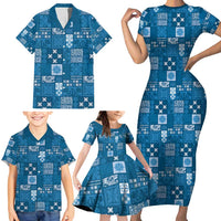 Vintage Hawaiian Quilting Patterns Family Matching Short Sleeve Bodycon Dress and Hawaiian Shirt Blue Style Tribal Fabric Patchwork - Polynesian Pride