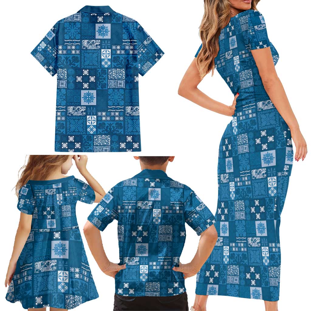 Vintage Hawaiian Quilting Patterns Family Matching Short Sleeve Bodycon Dress and Hawaiian Shirt Blue Style Tribal Fabric Patchwork - Polynesian Pride