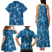 Vintage Hawaiian Quilting Patterns Family Matching Tank Maxi Dress and Hawaiian Shirt Blue Style Tribal Fabric Patchwork - Polynesian Pride