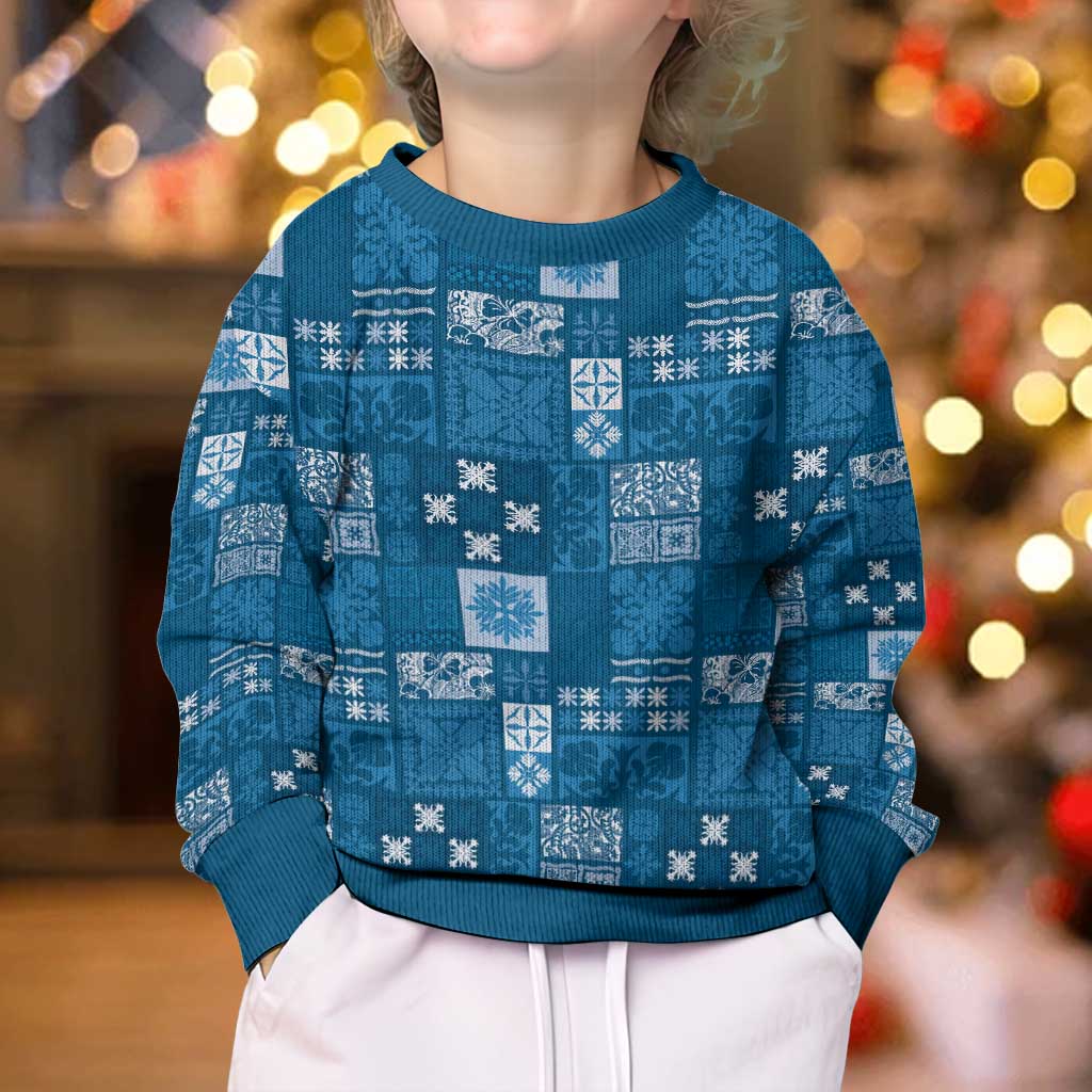 Vintage Hawaiian Quilting Patterns Kid Ugly Christmas Sweater Blue Style Tribal Fabric Patchwork - Polynesian Pride