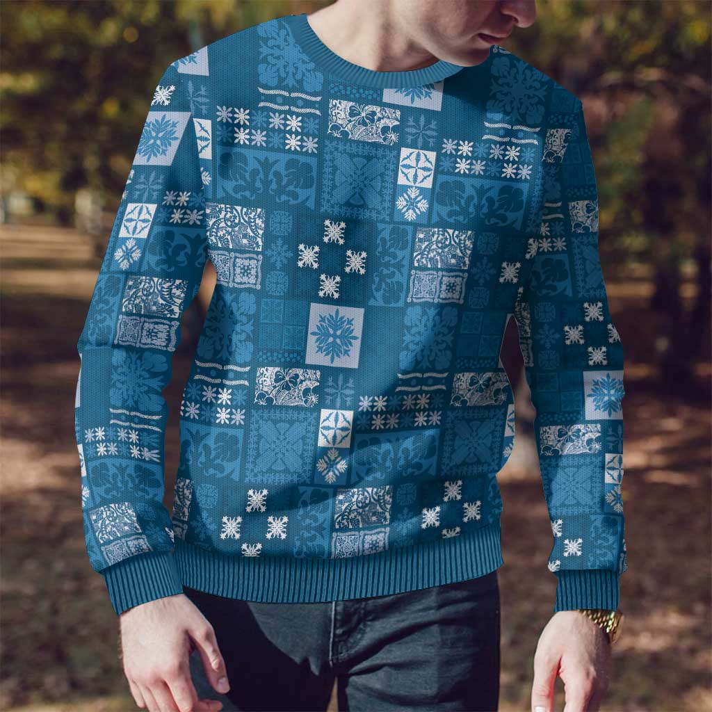 Vintage Hawaiian Quilting Patterns Ugly Christmas Sweater Blue Style Tribal Fabric Patchwork - Polynesian Pride