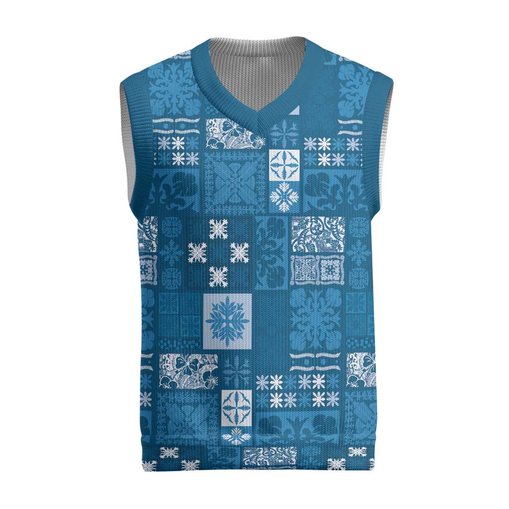 Vintage Hawaiian Quilting Patterns Christmas Knitted V-Neck Vest Blue Style Tribal Fabric Patchwork - Polynesian Pride