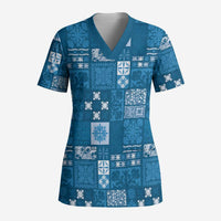 Vintage Hawaiian Quilting Patterns Scrub Top Blue Style Tribal Fabric Patchwork - Polynesian Pride