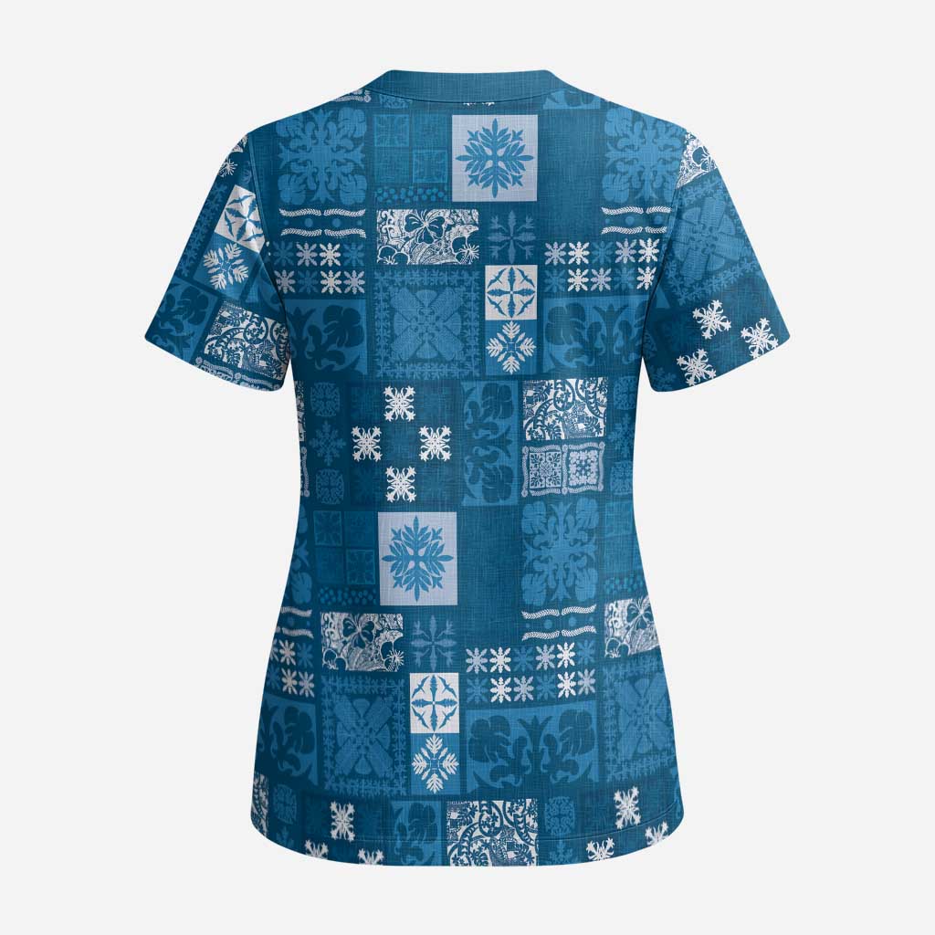 Vintage Hawaiian Quilting Patterns Scrub Top Blue Style Tribal Fabric Patchwork - Polynesian Pride