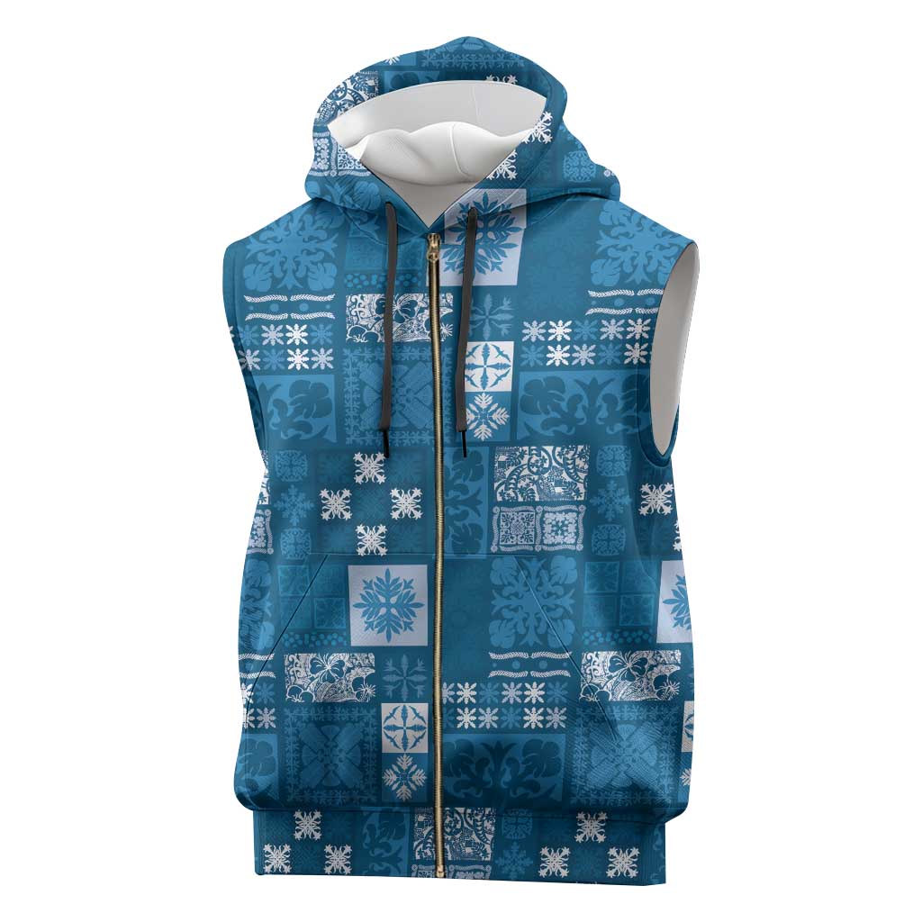 Vintage Hawaiian Quilting Patterns Sleeveless Zip Hoodie Blue Style Tribal Fabric Patchwork - Polynesian Pride