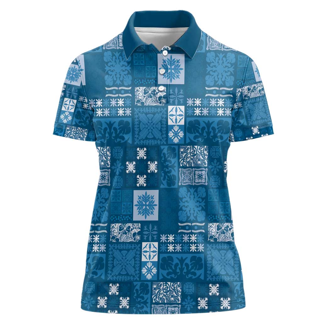 Vintage Hawaiian Quilting Patterns Women Polo Shirt Blue Style Tribal Fabric Patchwork - Polynesian Pride