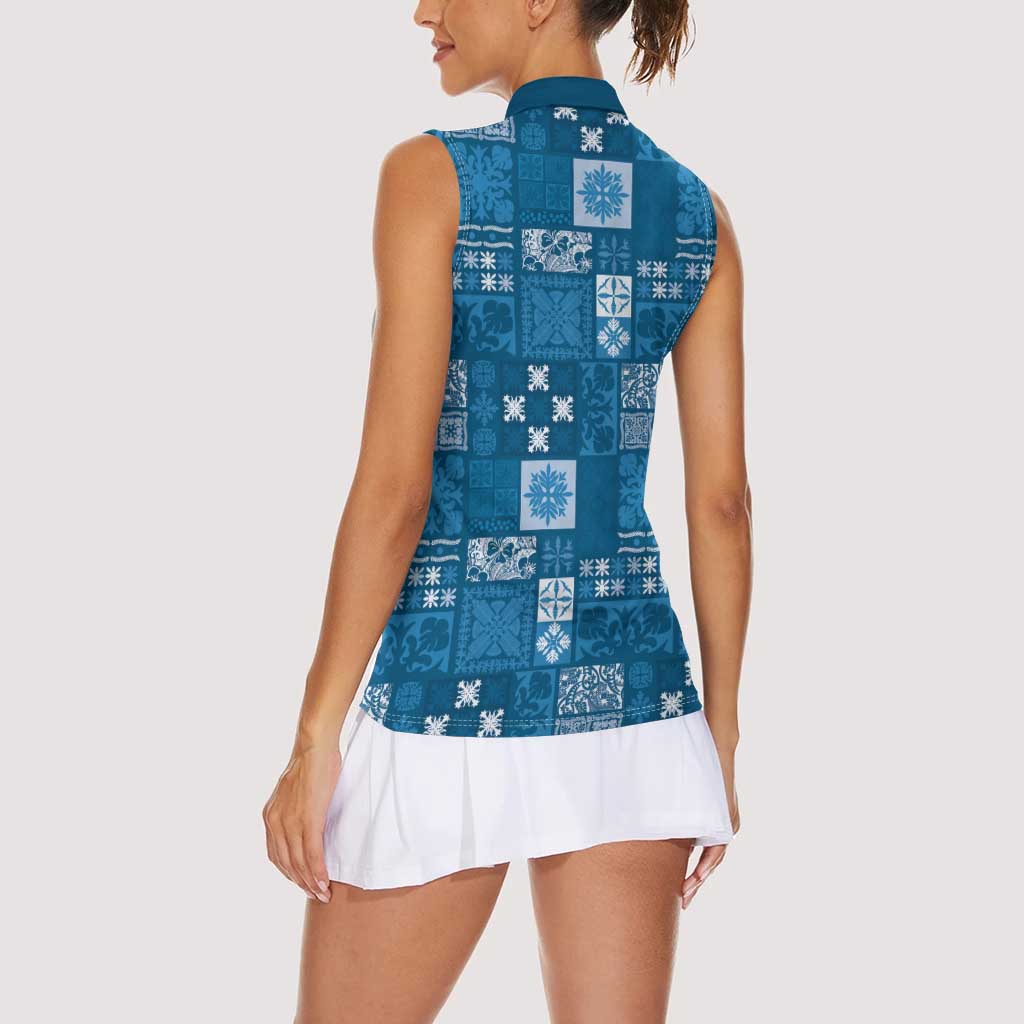 Vintage Hawaiian Quilting Patterns Women Sleeveless Polo Shirt Blue Style Tribal Fabric Patchwork - Polynesian Pride