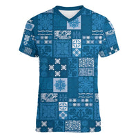 Vintage Hawaiian Quilting Patterns Women V-Neck T-Shirt Blue Style Tribal Fabric Patchwork - Polynesian Pride