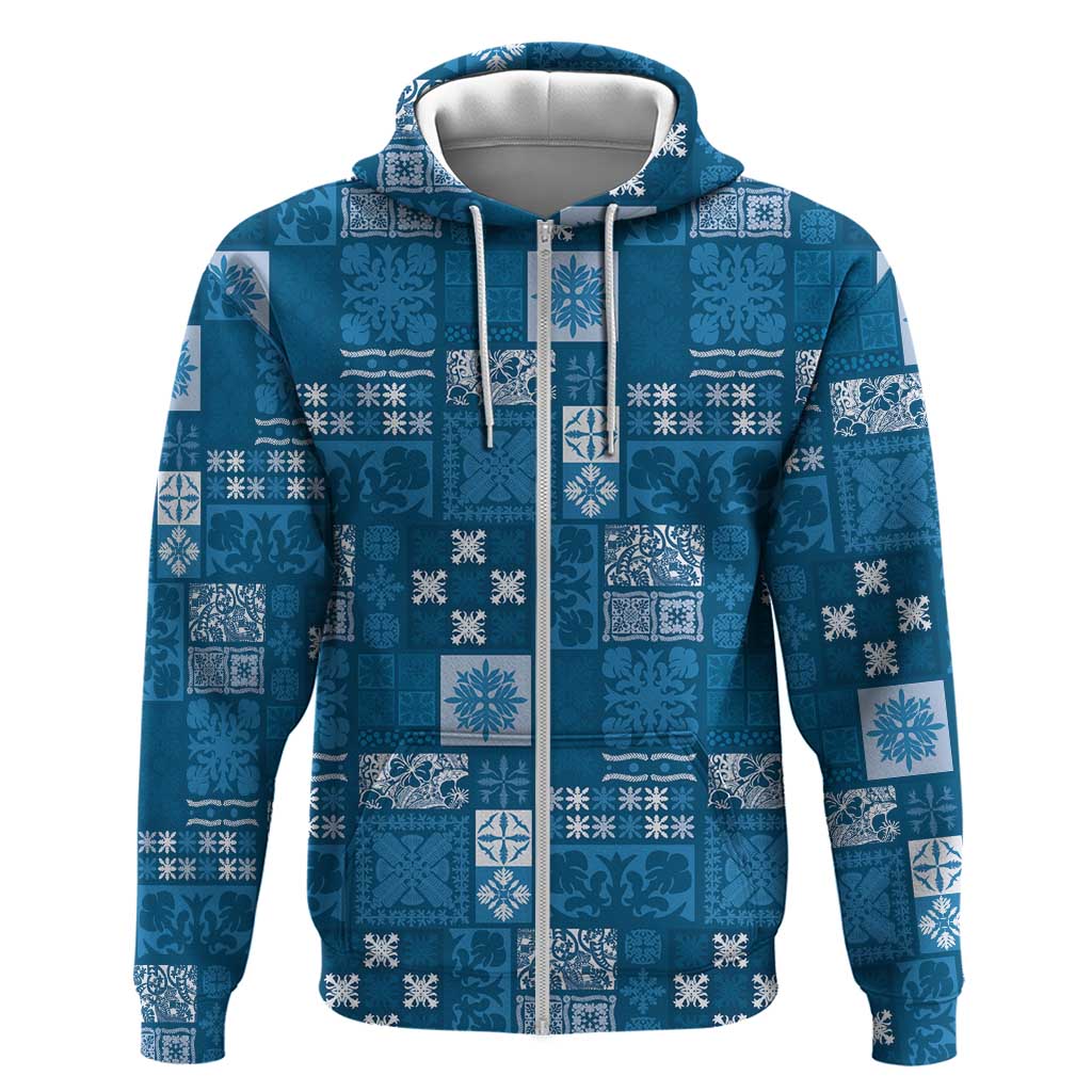 Vintage Hawaiian Quilting Patterns Zip Hoodie Blue Style Tribal Fabric Patchwork - Polynesian Pride