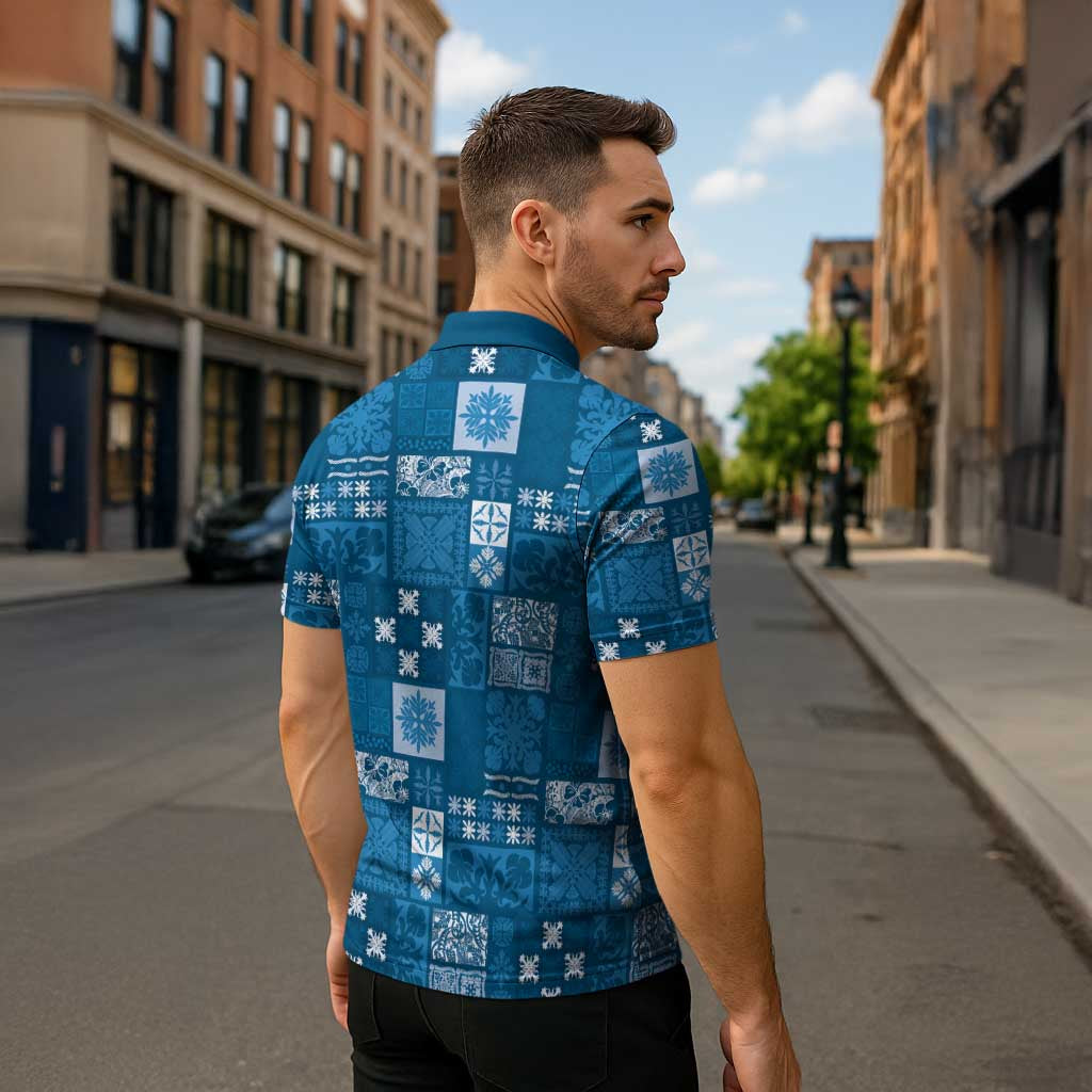 Vintage Hawaiian Quilting Patterns Zipper Polo Shirt Blue Style Tribal Fabric Patchwork - Polynesian Pride