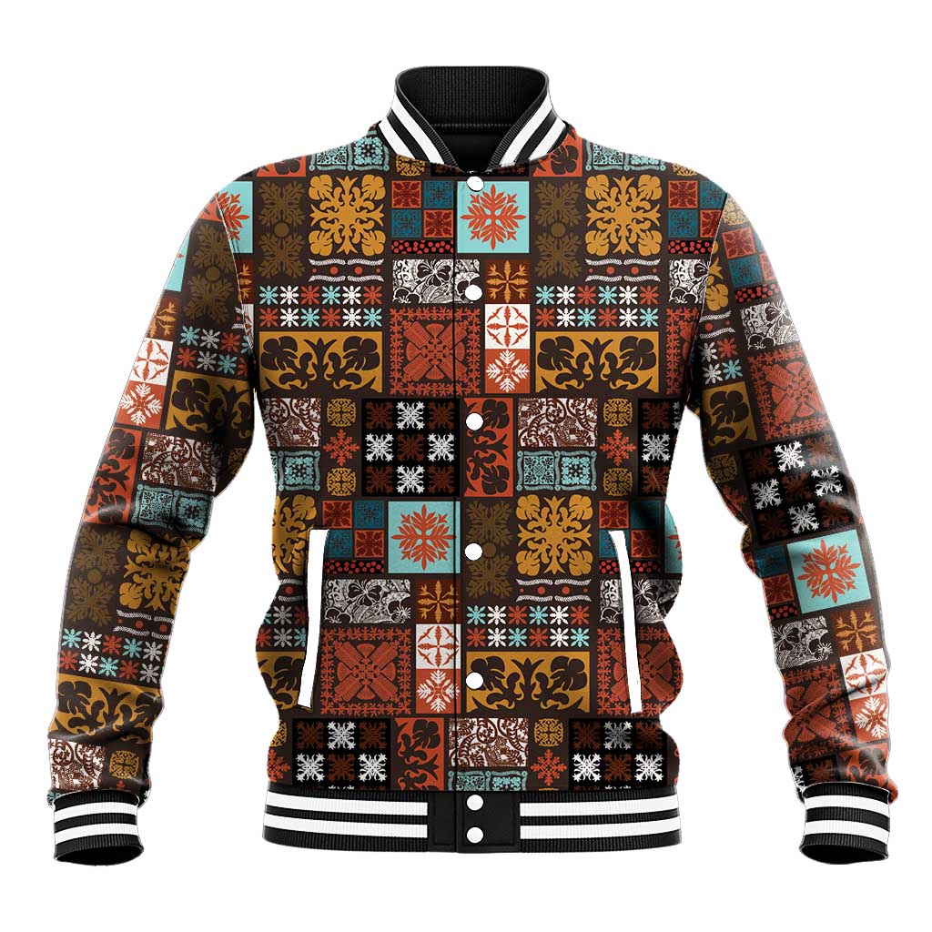 Vintage Hawaiian Quilting Patterns Baseball Jacket Brown Style Tribal Fabric Patchwork - Polynesian Pride