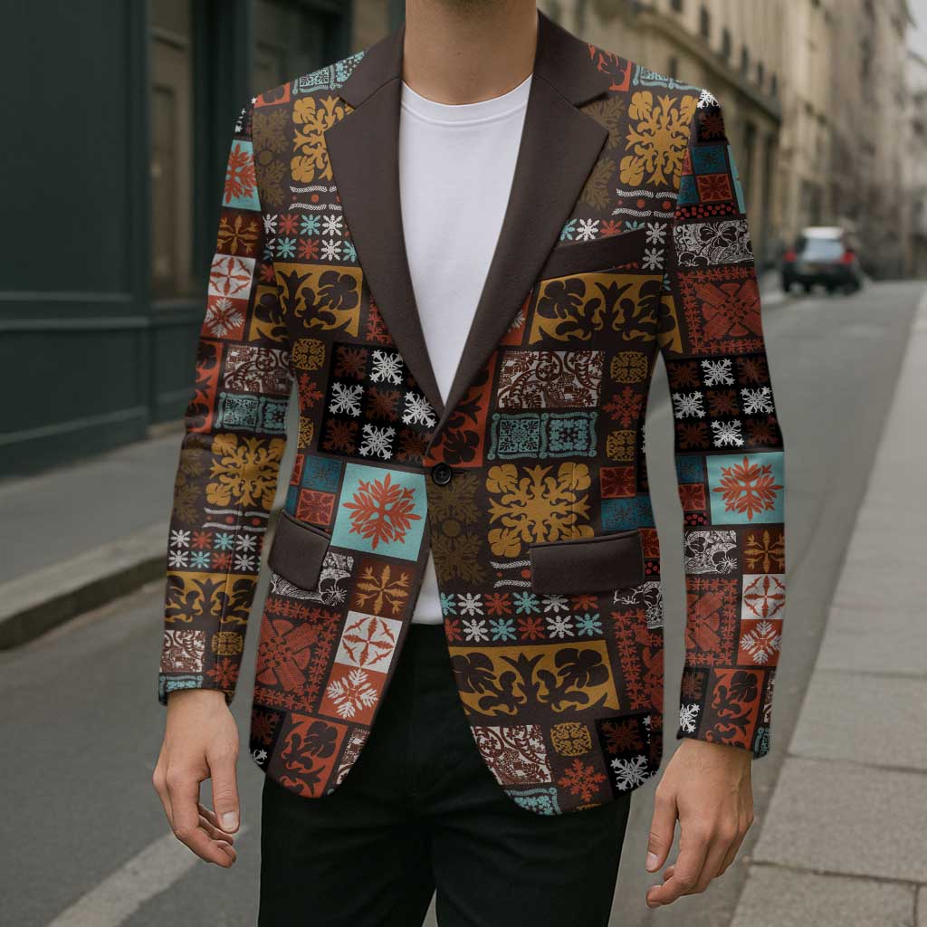 Vintage Hawaiian Quilting Patterns Blazer Brown Style Tribal Fabric Patchwork - Polynesian Pride