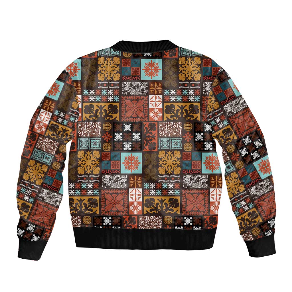 Vintage Hawaiian Quilting Patterns Bomber Jacket Brown Style Tribal Fabric Patchwork - Polynesian Pride
