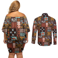 Vintage Hawaiian Quilting Patterns Couples Matching Off Shoulder Short Dress and Long Sleeve Button Shirt Brown Style Tribal Fabric Patchwork - Polynesian Pride