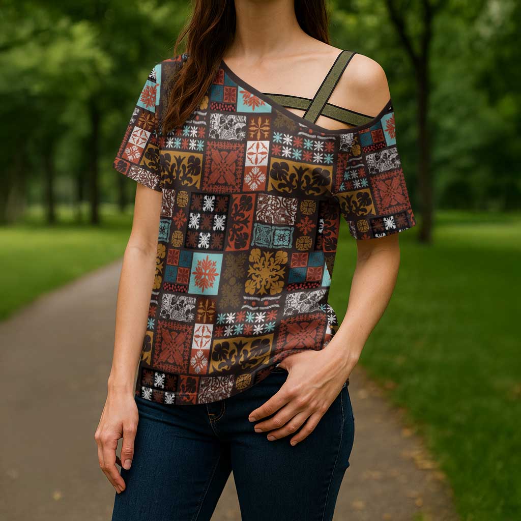 Vintage Hawaiian Quilting Patterns Cross Shoulder Shirt Brown Style Tribal Fabric Patchwork - Polynesian Pride
