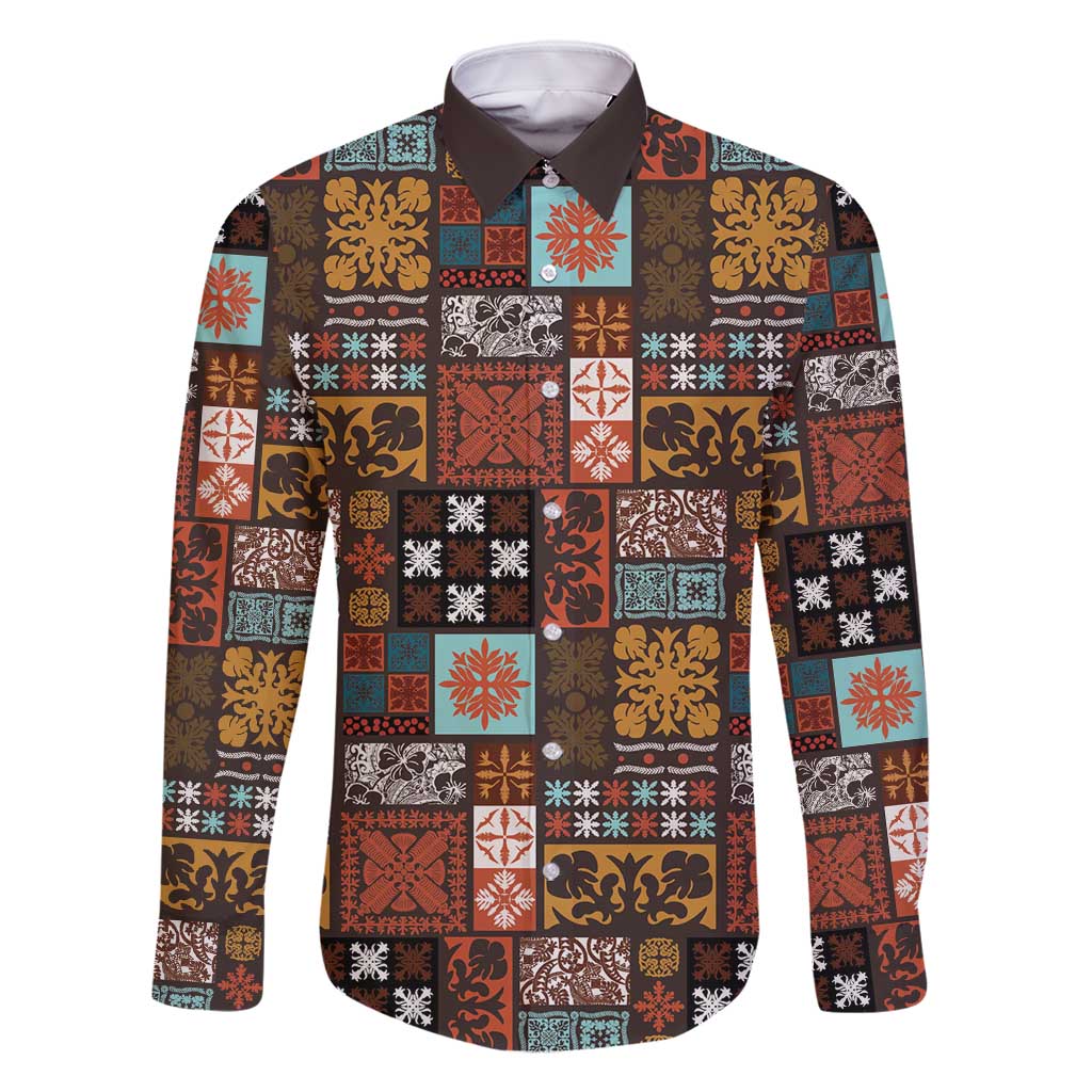 Vintage Hawaiian Quilting Patterns Family Matching Long Sleeve Bodycon Dress and Hawaiian Shirt Brown Style Tribal Fabric Patchwork - Polynesian Pride