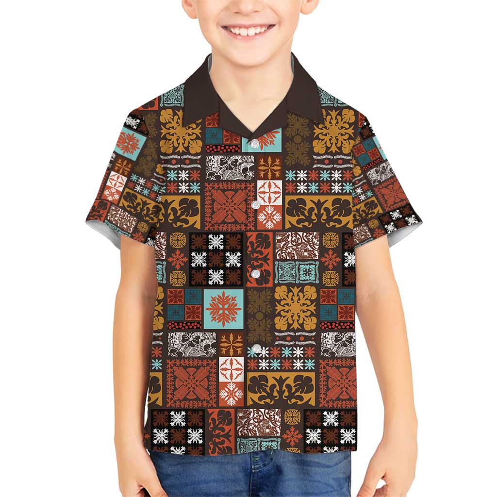 Vintage Hawaiian Quilting Patterns Family Matching Long Sleeve Bodycon Dress and Hawaiian Shirt Brown Style Tribal Fabric Patchwork - Polynesian Pride