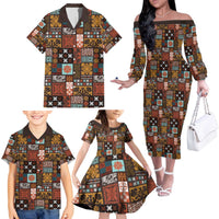 Vintage Hawaiian Quilting Patterns Family Matching Off The Shoulder Long Sleeve Dress and Hawaiian Shirt Brown Style Tribal Fabric Patchwork - Polynesian Pride