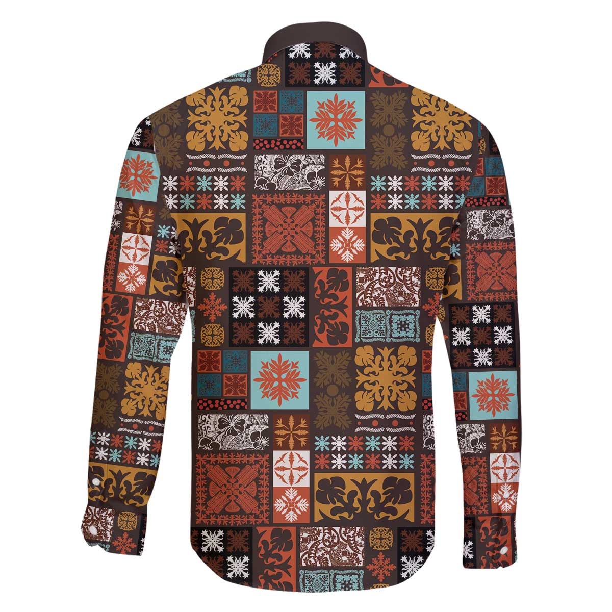 Vintage Hawaiian Quilting Patterns Family Matching Off The Shoulder Long Sleeve Dress and Hawaiian Shirt Brown Style Tribal Fabric Patchwork - Polynesian Pride
