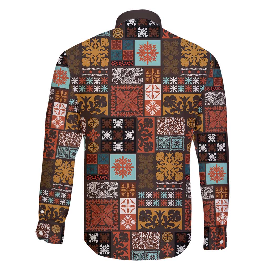 Vintage Hawaiian Quilting Patterns Family Matching Off Shoulder Maxi Dress and Hawaiian Shirt Brown Style Tribal Fabric Patchwork - Polynesian Pride