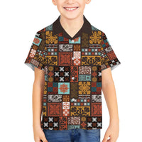 Vintage Hawaiian Quilting Patterns Family Matching Off Shoulder Short Dress and Hawaiian Shirt Brown Style Tribal Fabric Patchwork - Polynesian Pride